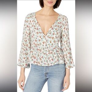 BB DAKOTA Floral V-Neck Peplum Blouse Size Large